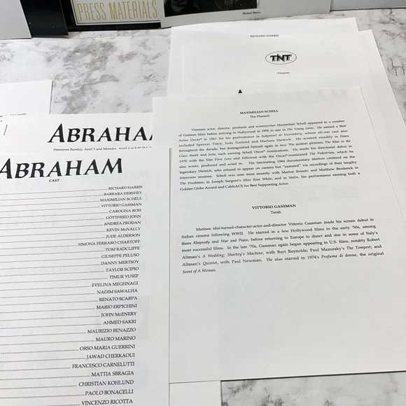 TNT Movie Press Kit Abraham 1993 Richard Harris Barbara Hershey Miniseries
